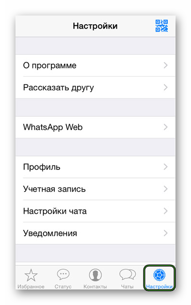 Кнопка Настройки в приложении WhatsApp на iPhone