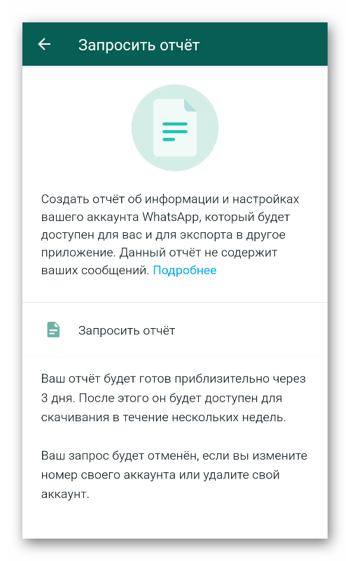 Вкладка Запросить отчет в приложении WhatsApp на iPhone