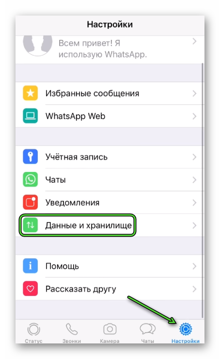 Пункт Данные и хранилище в настройках WhatsApp на iPhone