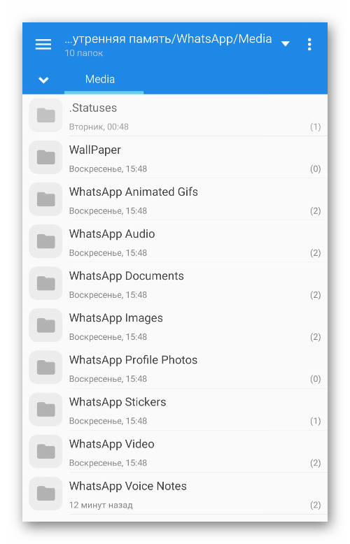 Содержимое папки Media в каталоге WhatsApp