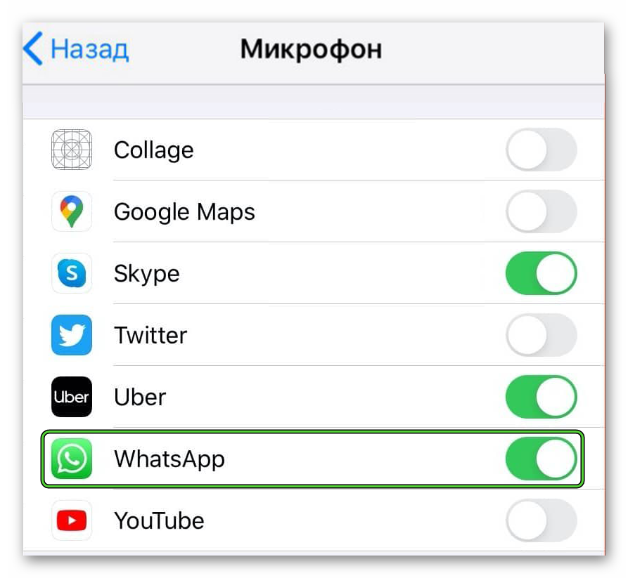 Включение микрофона для WhatsApp в настройках iPhone