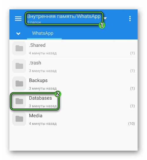 Папка Databases в каталоге WhatsApp