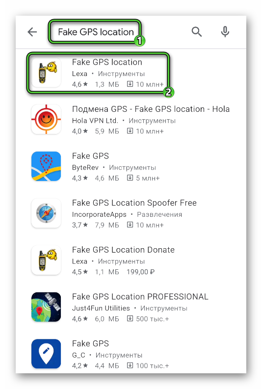 Поиск приложения Fake GPS location в Play Маркете