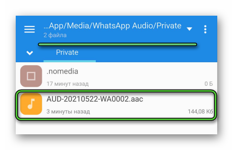 Аудиофайл в каталоге Media – WhatsApp Audio – Private
