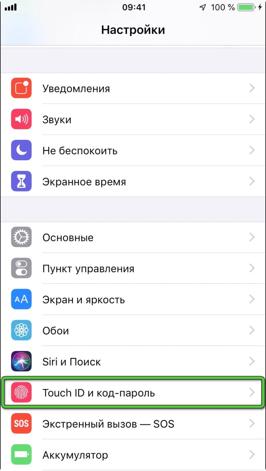 Пункт Touch ID и код-пароль в настройках iPhone