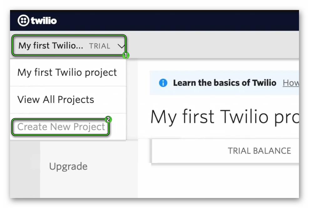 Кнопка Create New Project в меню Twilio